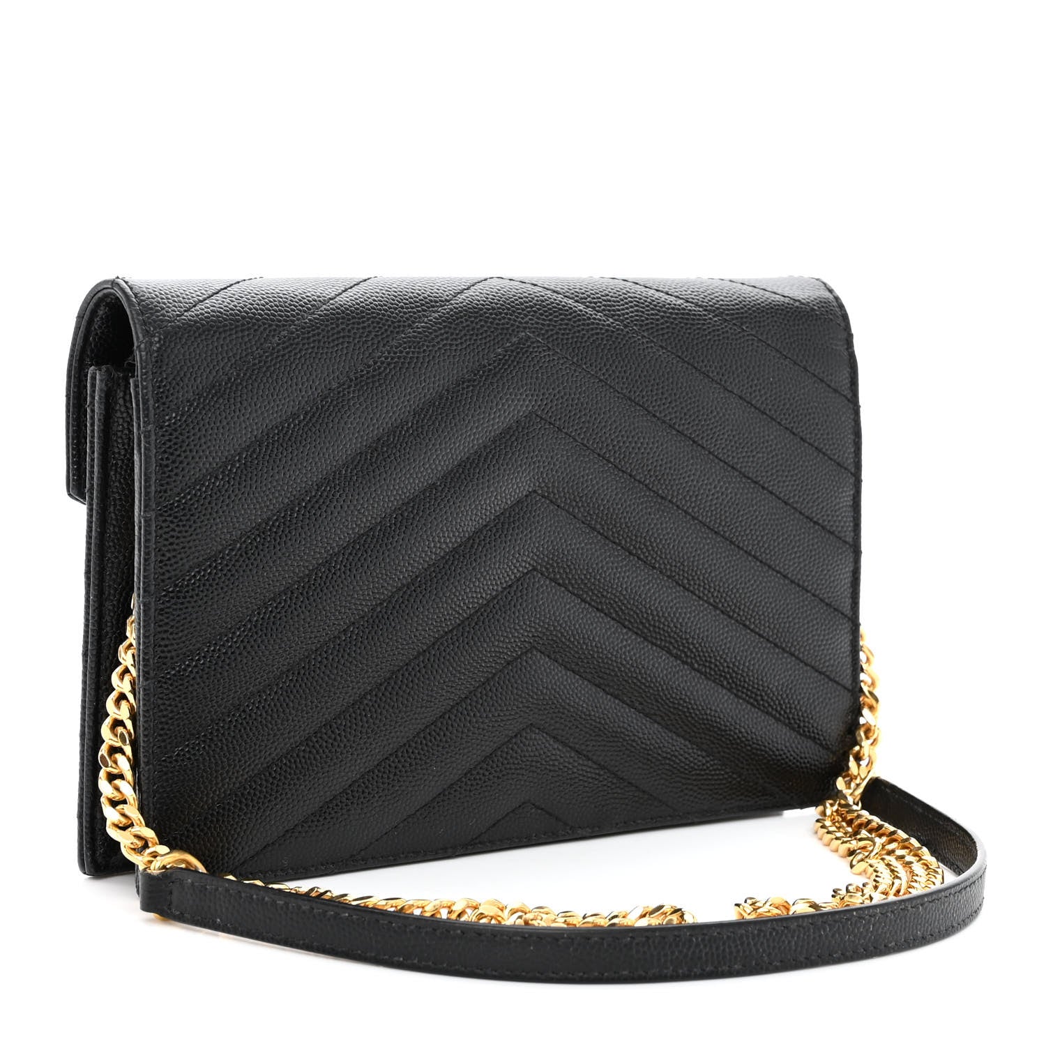 Saint Laurent Grain De Poudre Matelasse Chevron Monogram Envelope Chain Wallet Black 3 of 11