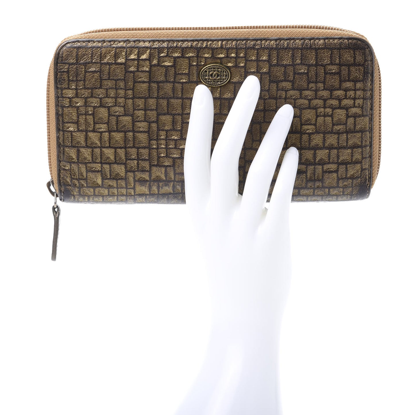 Metallic Lambskin Embossed Zip Around Wallet Bronze