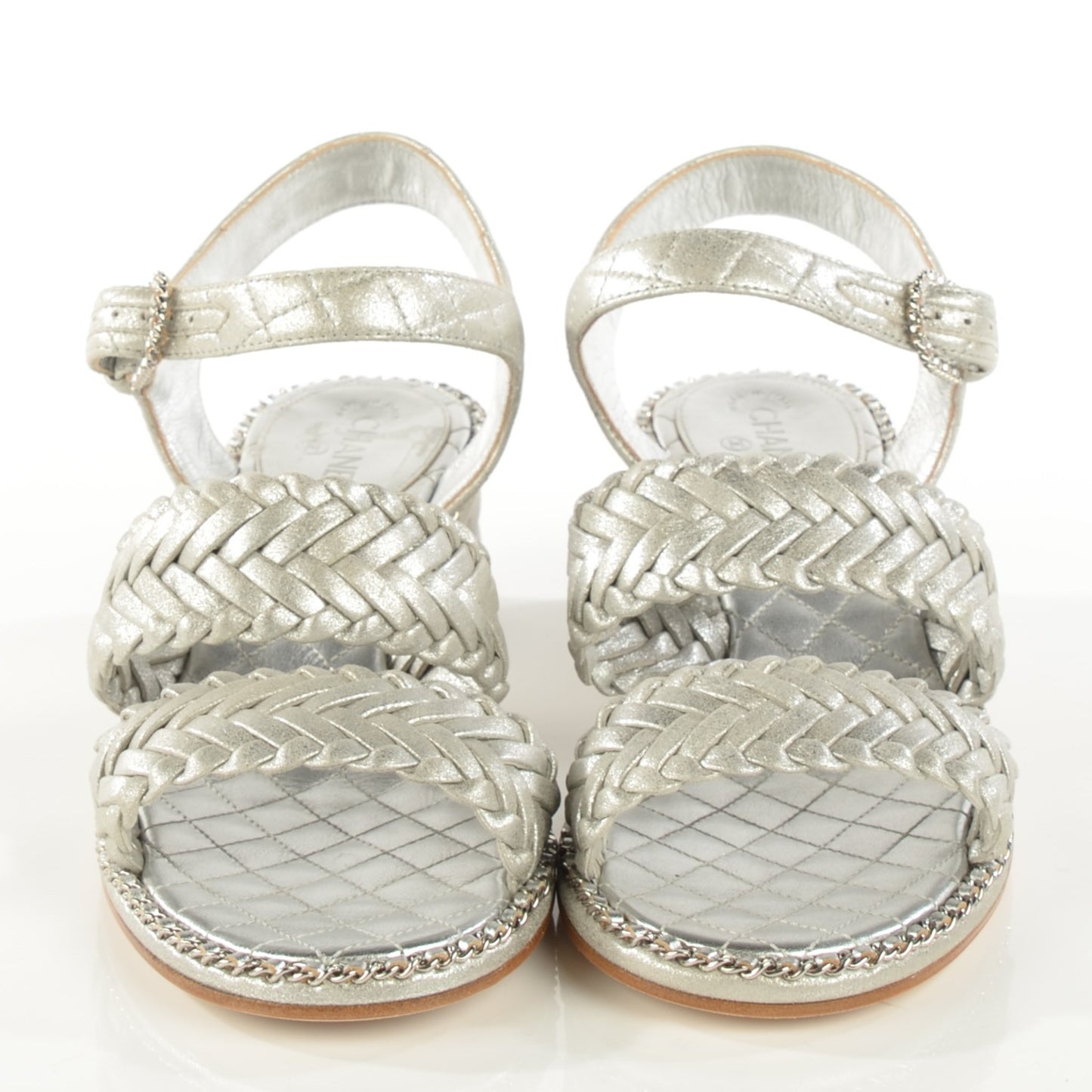 Metallic Goatskin Quilted Chain Sandals 37 Silver
