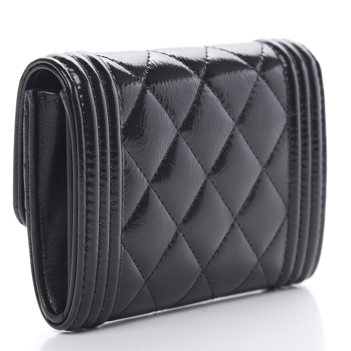 Distressed Patent Quilted Boy Flap Card Holder Wallet Black