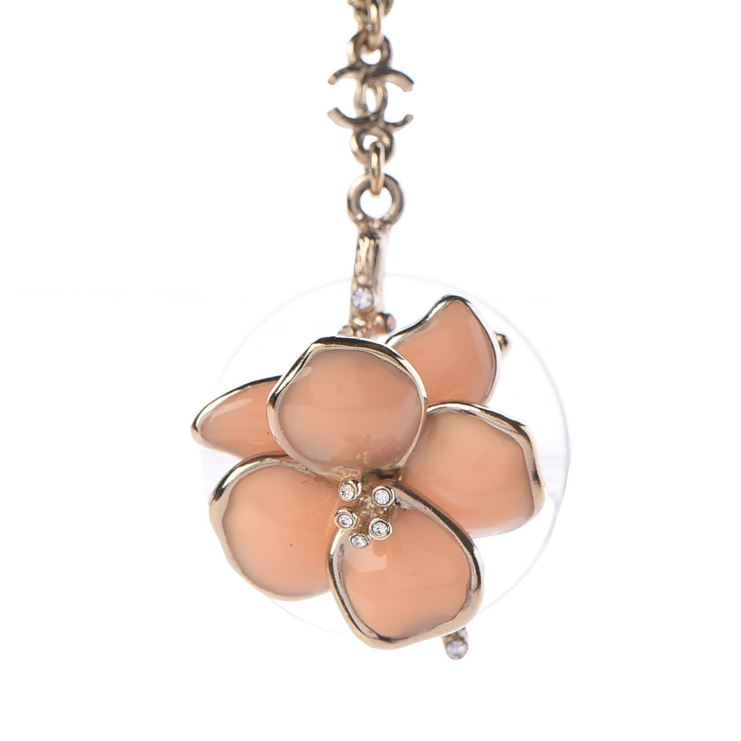 Enamel Crystal CC Camellia Pendant Necklace Beige Gold