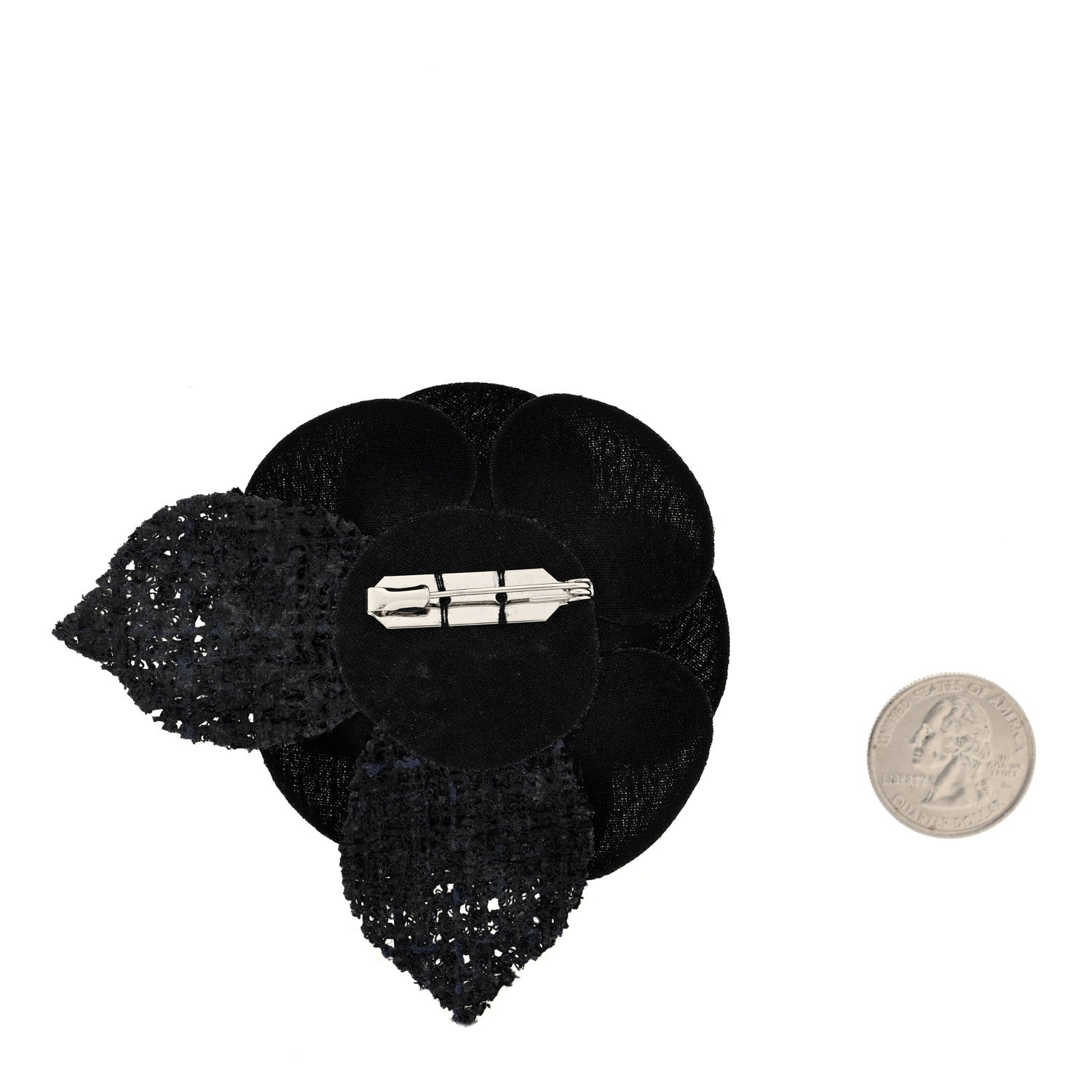 Chanel Tweed Fabric Camellia Pin Brooch Navy Blue Black 2 of 3