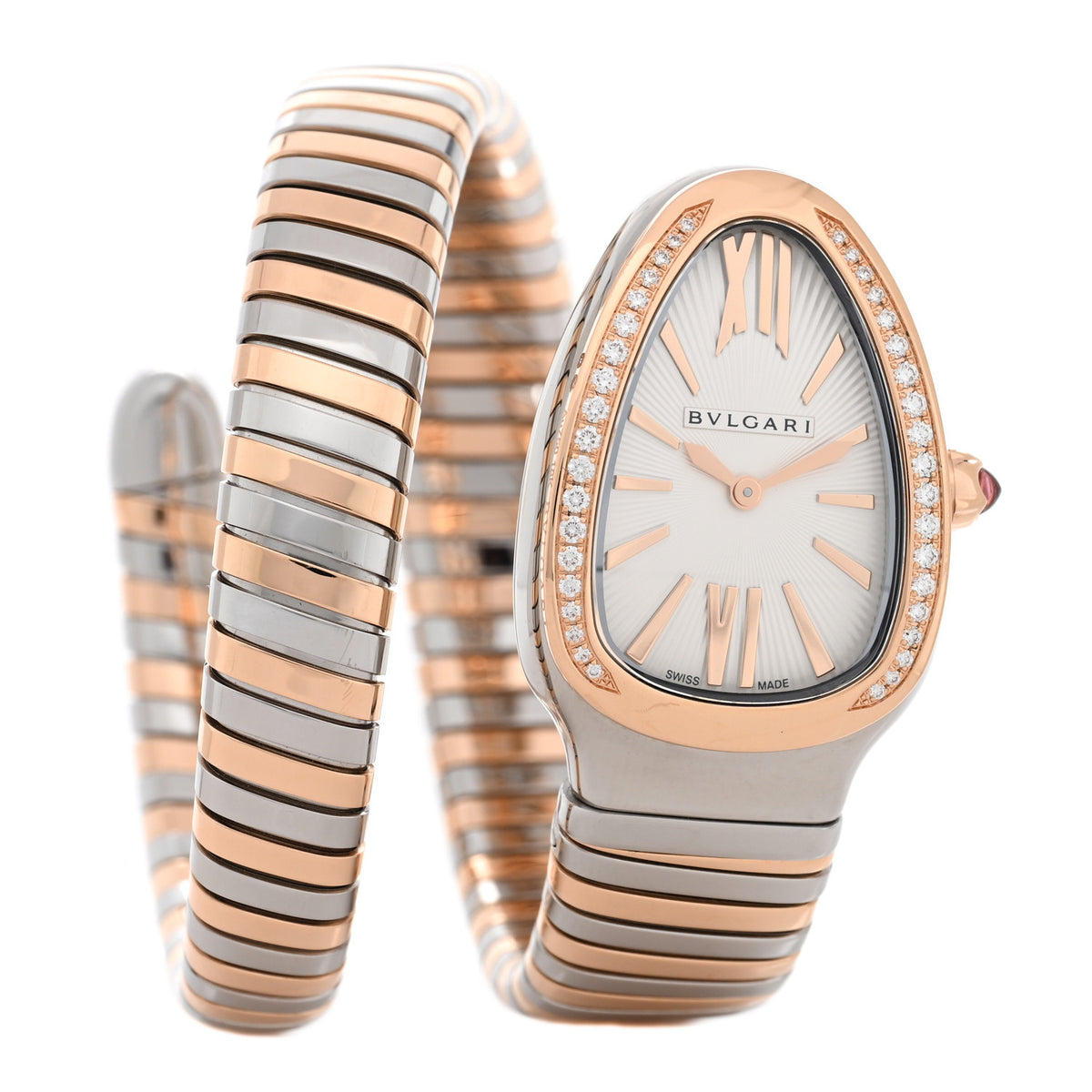 Stainless Steel 18K Rose Gold Diamond Bezel 35mm Serpenti Tubogas Quartz Watch