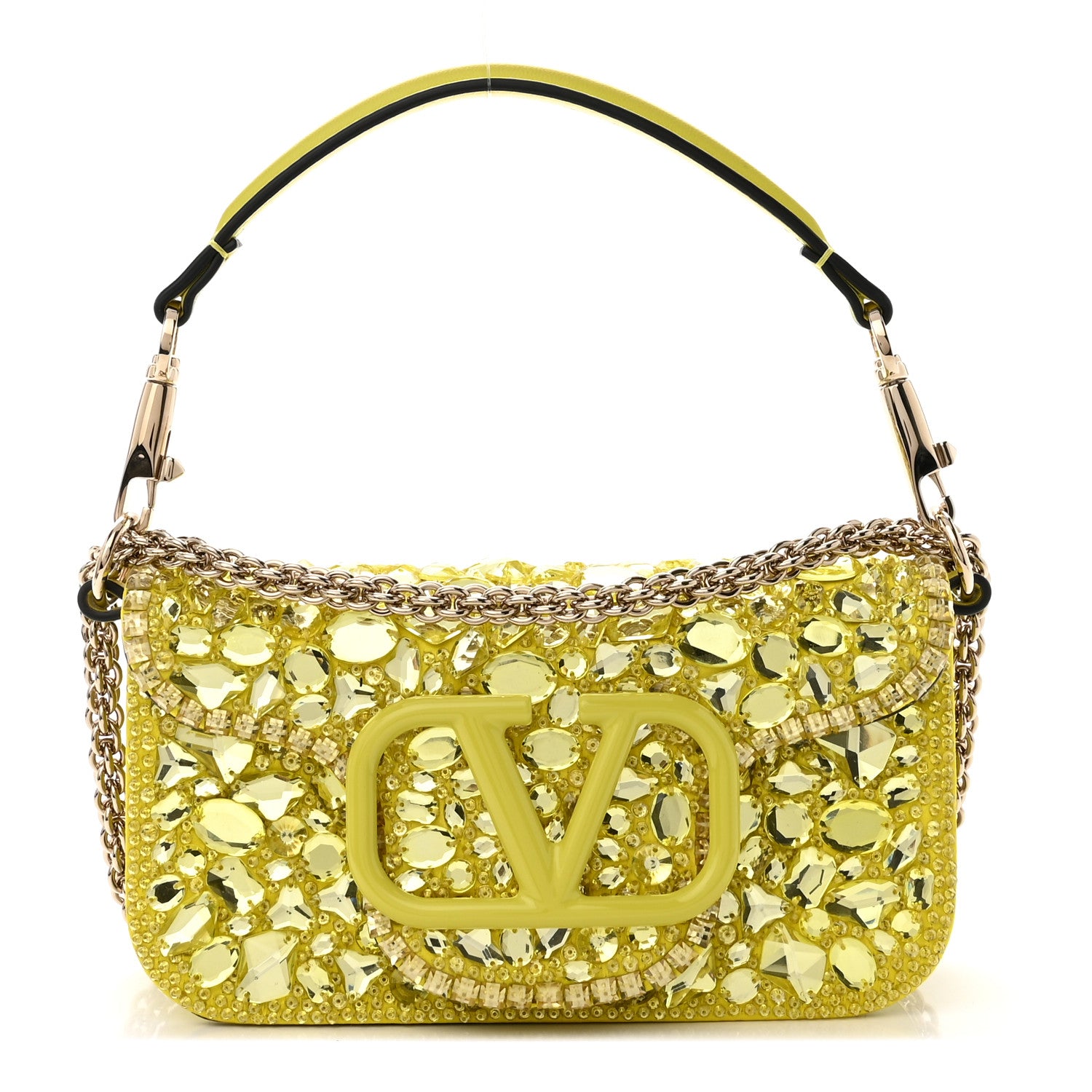 VALENTINO GARAVANI Crystal Nappa Enamel Vlogo Small Loco Shoulder Bag in the color Lemon from FASHIONPHILE