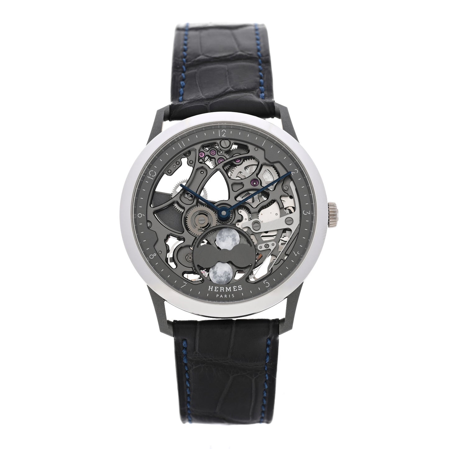 Platinum Titanium Alligator 39.5mm Slim d'Hermes Squelette Lune Automatic Watch Graphite