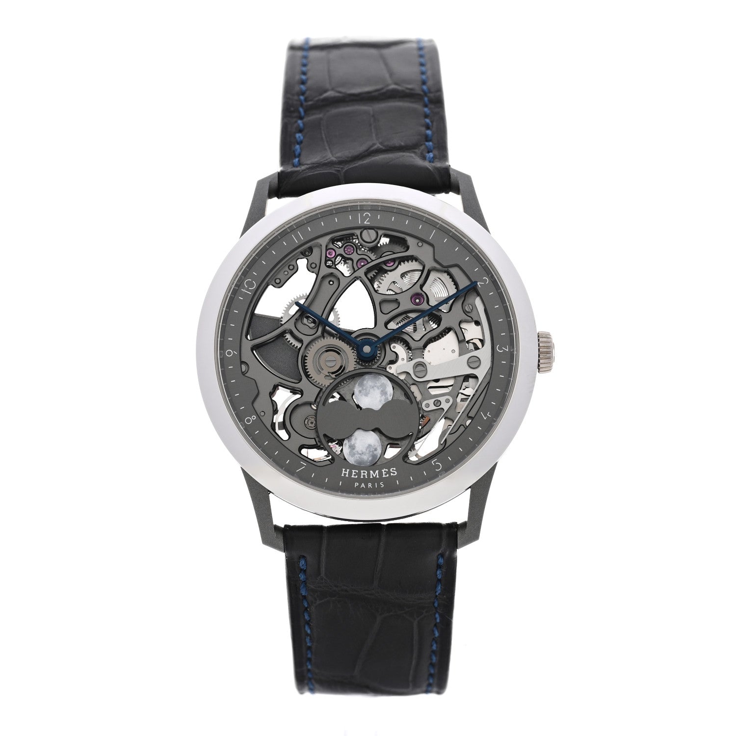Hermes Platinum Titanium Alligator 39.5mm Slim d'Hermes Squelette Lune Automatic Watch Graphite 1 of 5