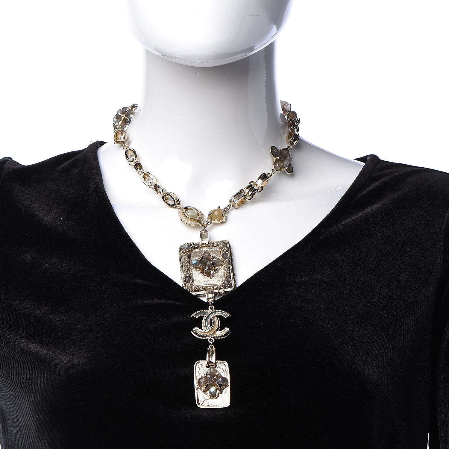 Chanel Crystal CC Chain Pendant Necklace Light Gold 2 of 6