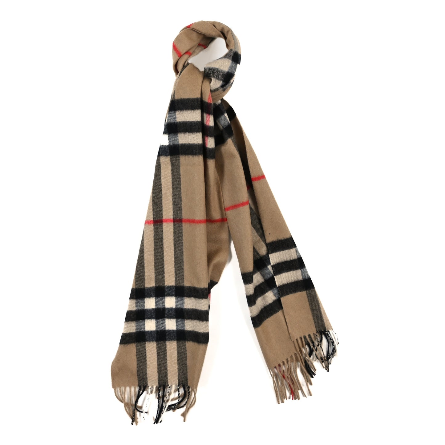 Cashmere Giant Check Fringe Scarf Camel