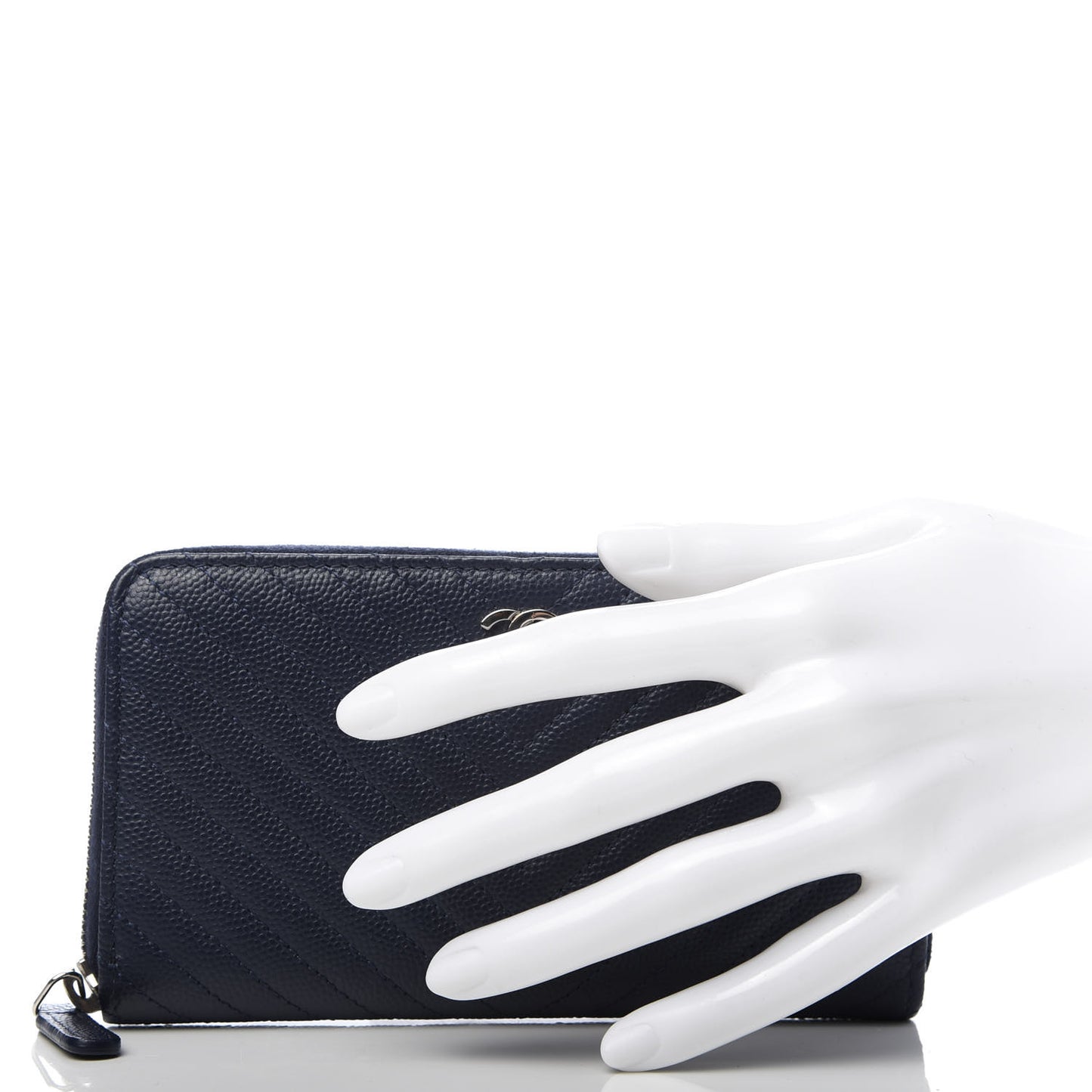 Caviar Chevron Quilted Large Gusset Zip Around Wallet Navy