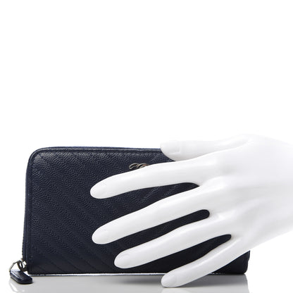 Chanel Caviar Chevron Quilted Large Gusset Zip Around Wallet Navy 2 of 9