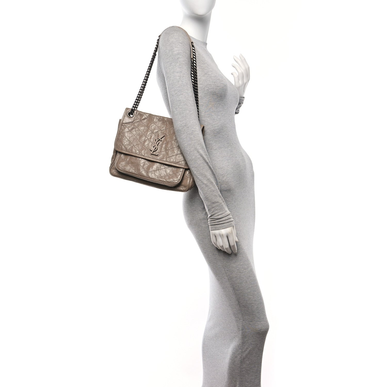 Saint Laurent Crinkled Calfskin Matelasse Monogram Medium Niki Chain Satchel Light Taupe 2 of 10