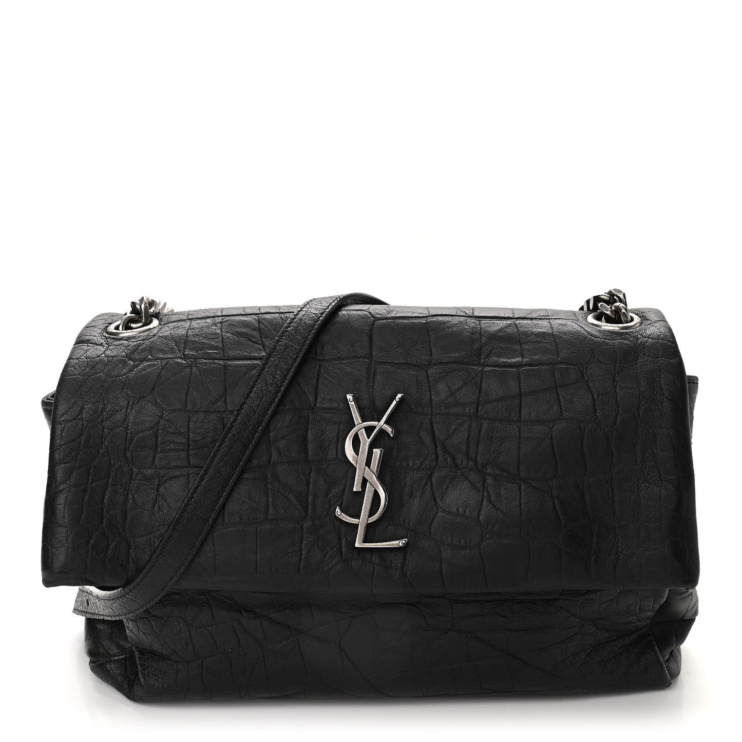 Calfskin Crocodile Embossed Medium West Hollywood Monogram Fold-Over Black