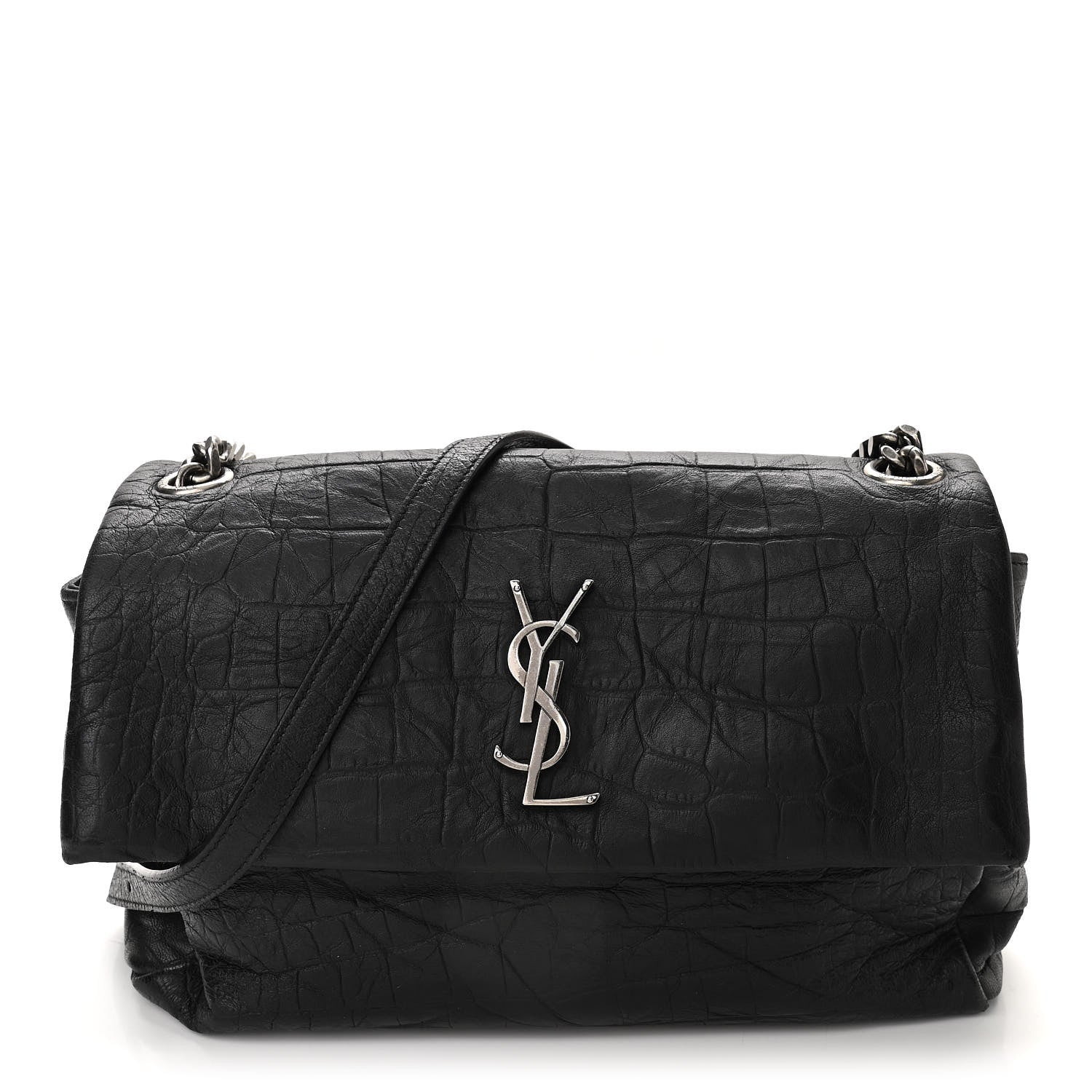 Saint Laurent Calfskin Crocodile Embossed Medium West Hollywood Monogram Fold-Over Black 1 of 9