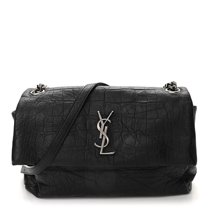 Saint Laurent Calfskin Crocodile Embossed Medium West Hollywood Monogram Fold-Over Black 1 of 9