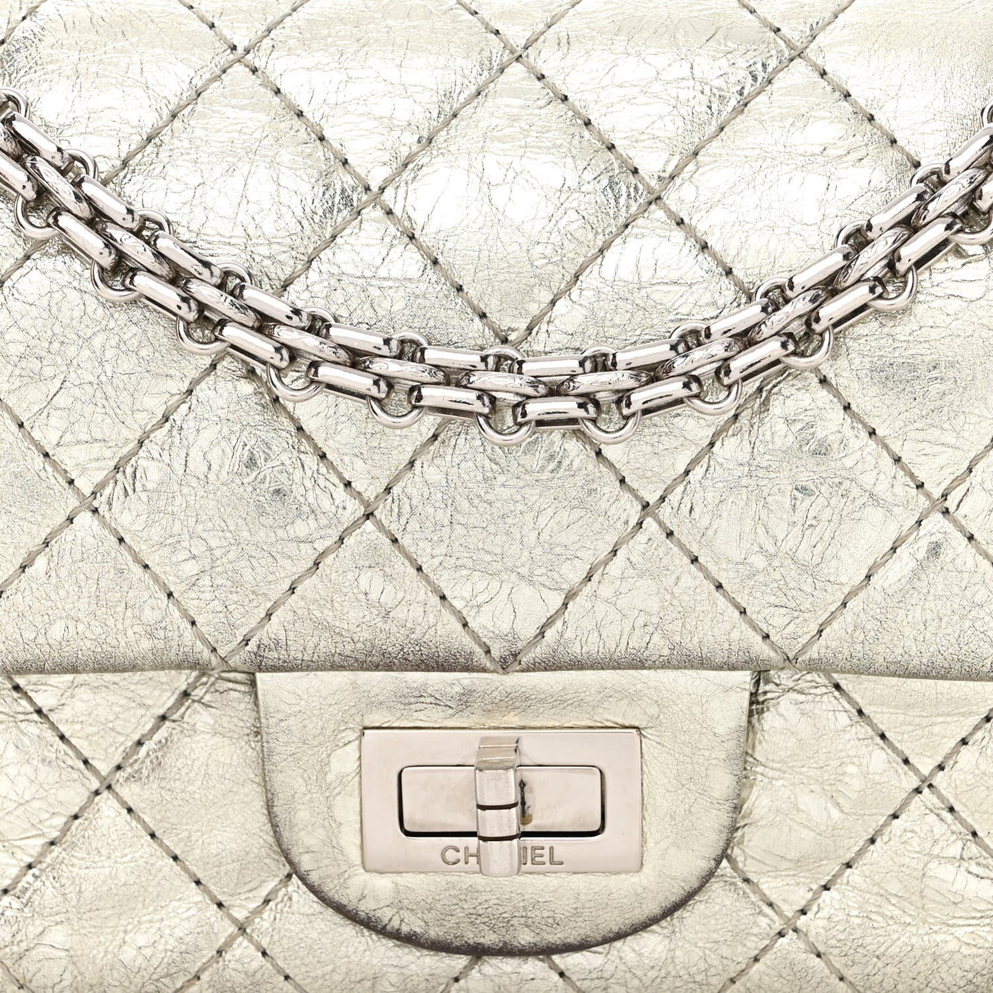 Metallic Aged Calfskin Quilted 2.55 Reissue 224 Flap Silver