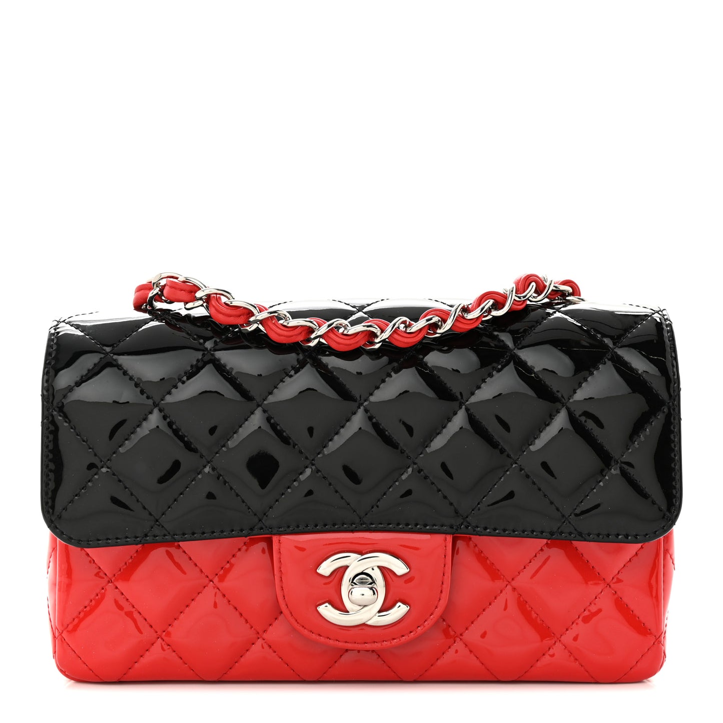 Patent Calfskin Quilted Bi-Color Mini Rectangular Flap Red Black