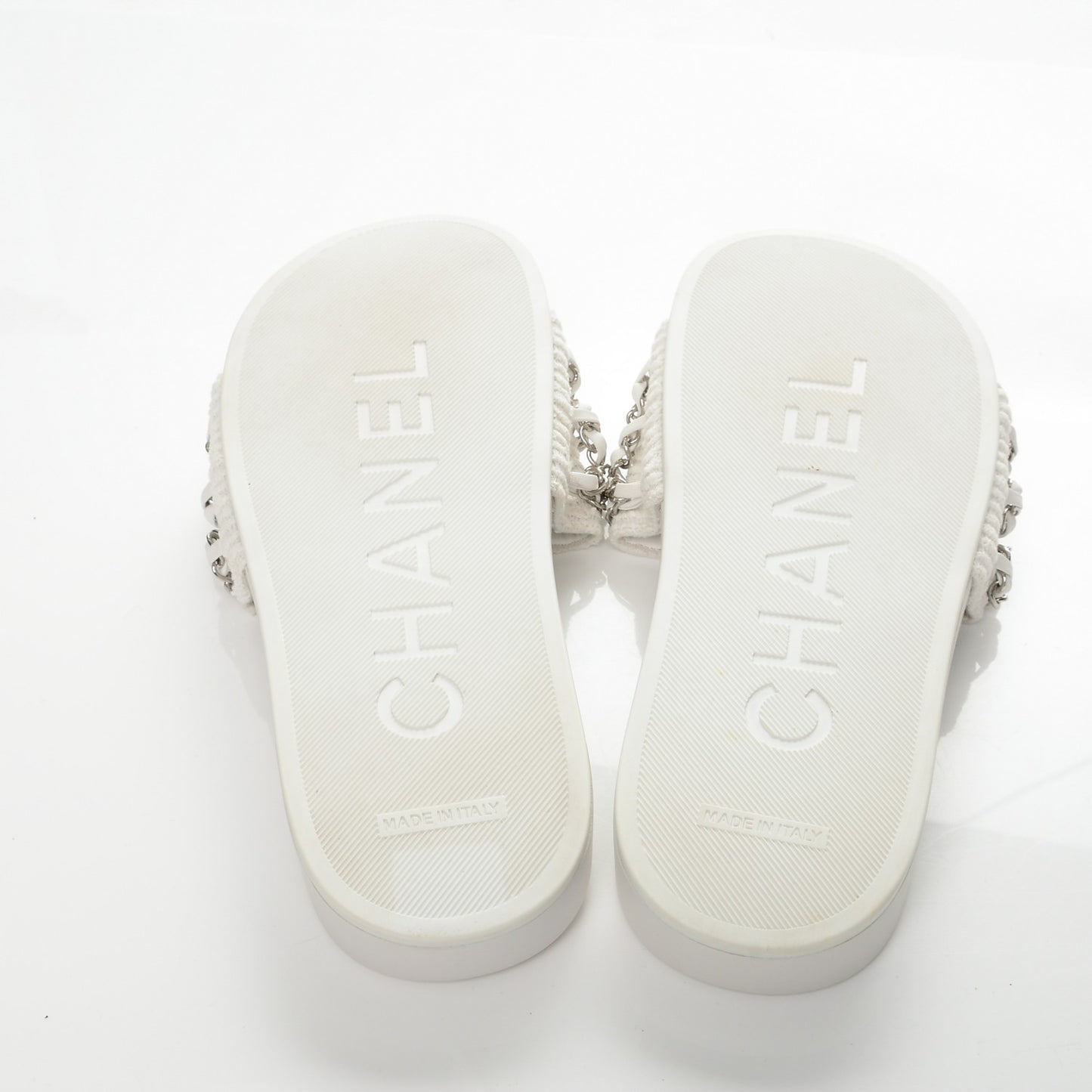 Tweed Lambskin Chain Flat Sandals 38 White