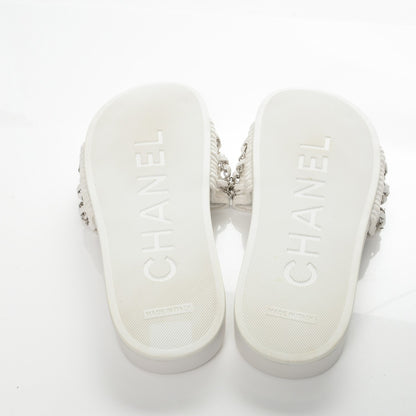 Chanel Tweed Lambskin Chain Flat Sandals 38 White 5 of 7
