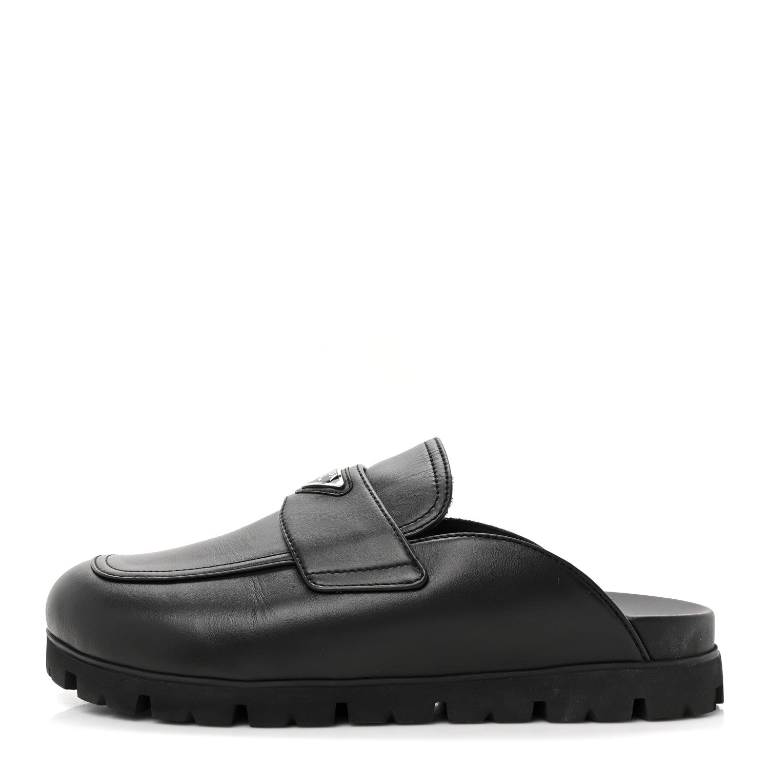Prada City Calfskin Triangle Mens 20mm Flat Mules 12 Black 1 of 10