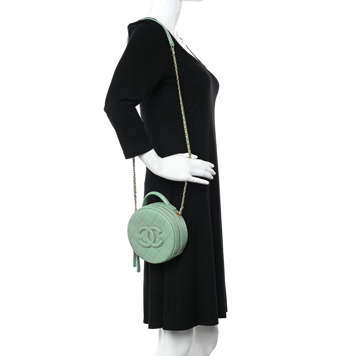Chanel Caviar Quilted Small Round Vanity With Chain Light Green 2 of 11
