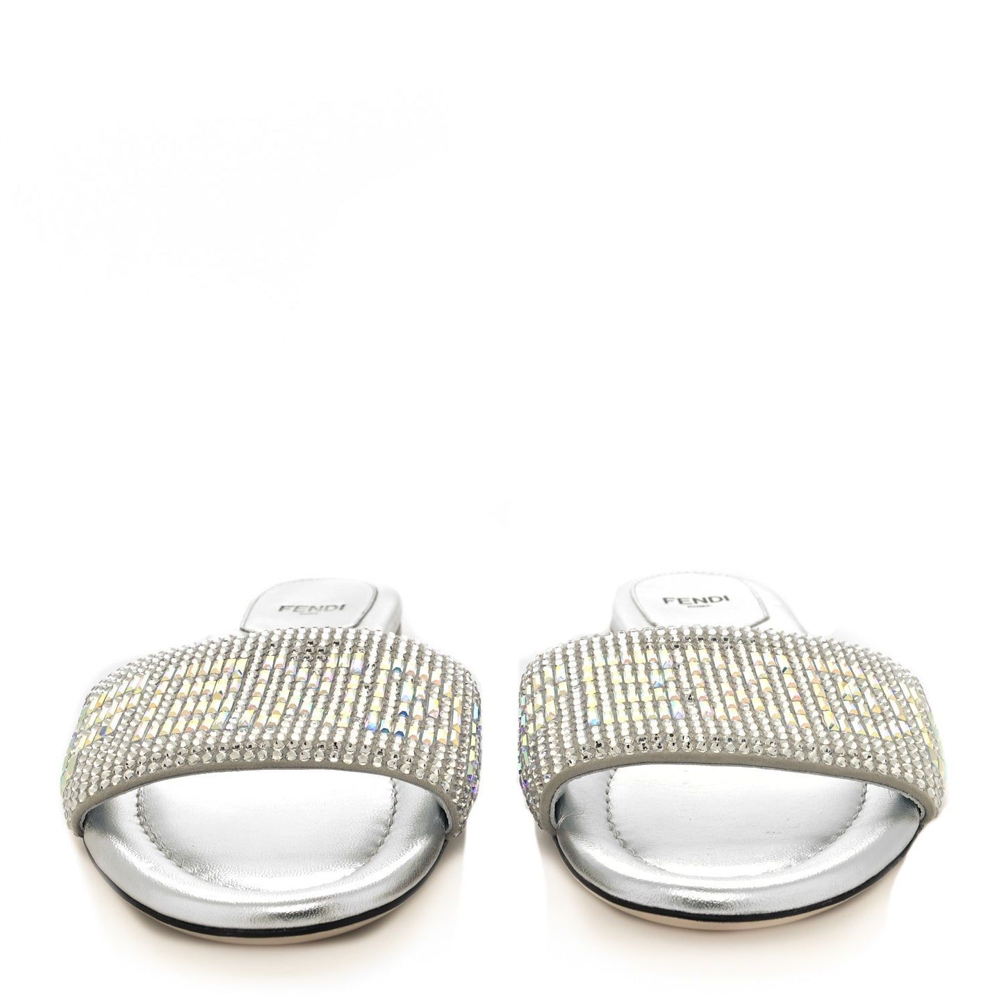 Laminated Goatskin Baguette Crystal Embroidered Signature Flat Slide Sandals 38 Silver