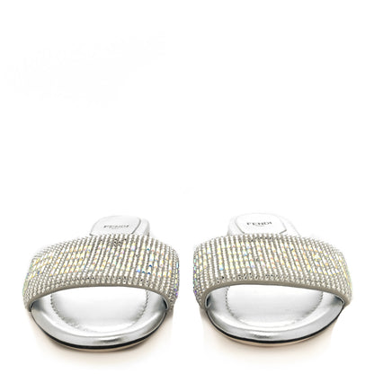 Fendi Laminated Goatskin Baguette Crystal Embroidered Signature Flat Slide Sandals 38 Silver 2 of 7