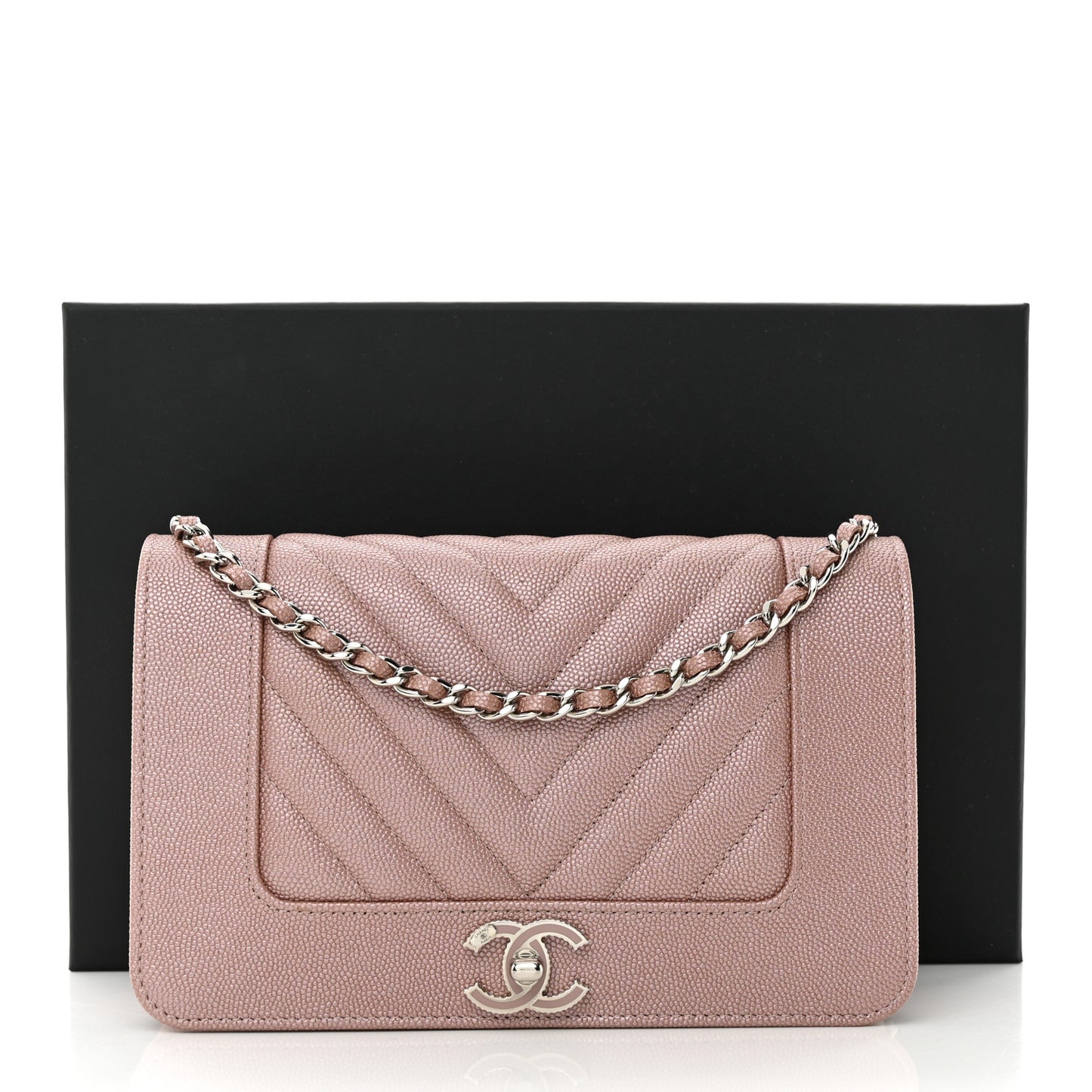 Metallic Caviar Chevron Quilted Vintage Mademoiselle Wallet On Chain WOC Pink