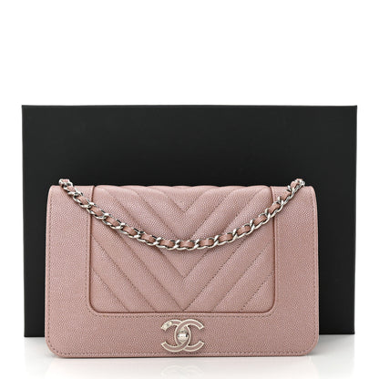 Chanel Metallic Caviar Chevron Quilted Vintage Mademoiselle Wallet On Chain WOC Pink 3 of 13