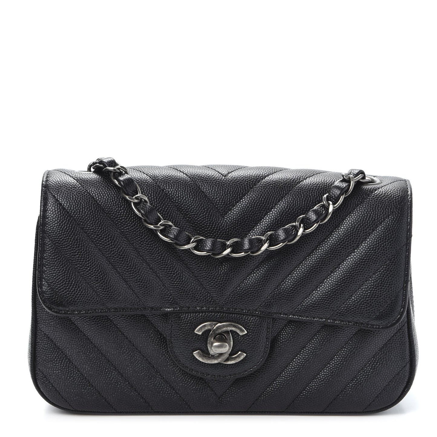 Iridescent Caviar Chevron Quilted Mini Rectangular Flap Black