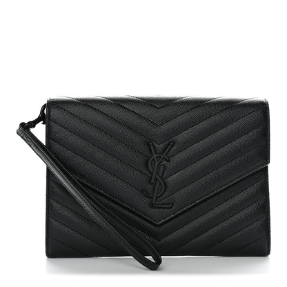 Saint Laurent Grain De Poudre Matelasse Chevron Monogram Monochrome Envelope Clutch Black 1 of 33