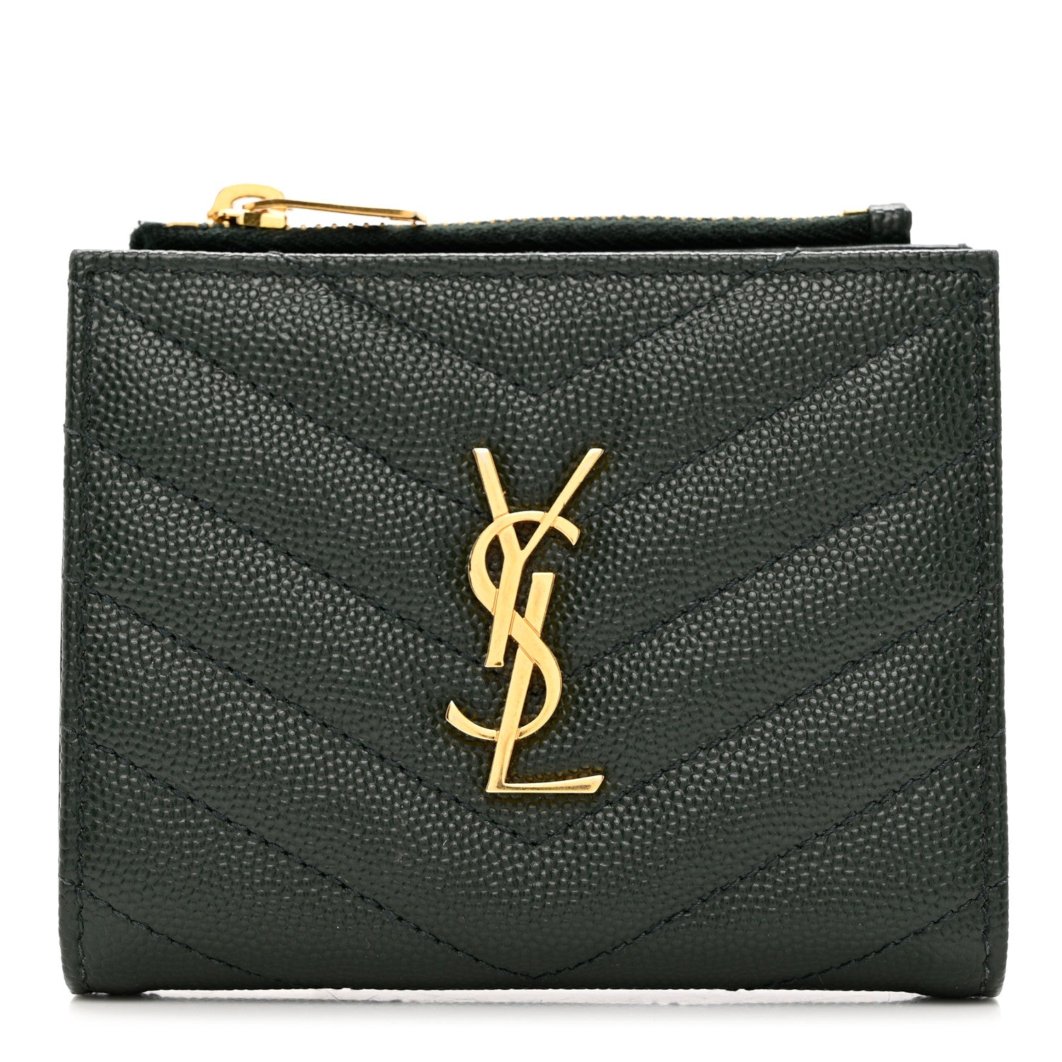 Saint Laurent Grain De Poudre Matelasse Chevron Monogram Zipped Card Case Green 1 of 9