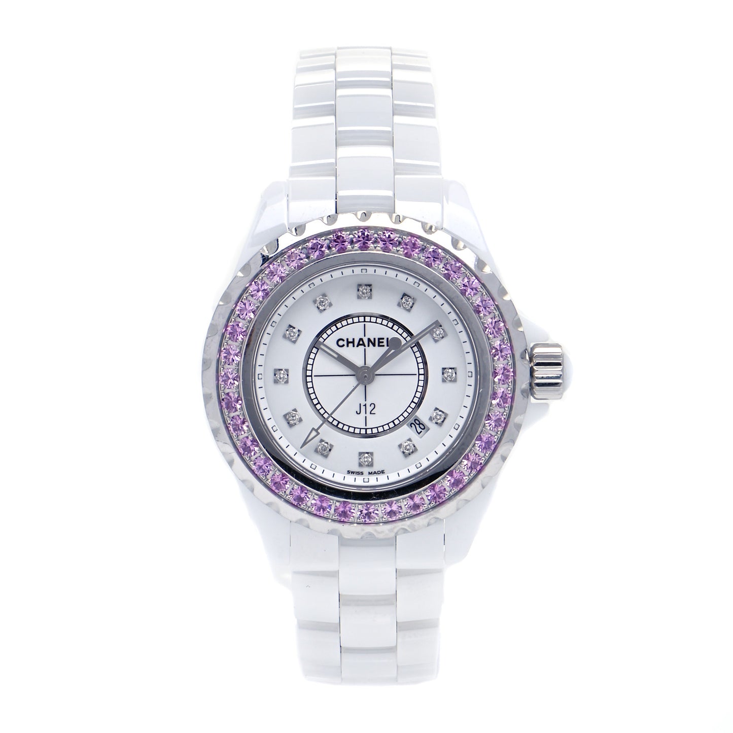 Stainless Steel Ceramic Diamond Pink Sapphire 33mm J12 Quartz Watch White