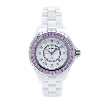 Chanel Stainless Steel Ceramic Diamond Pink Sapphire 33mm J12 Quartz Watch White 1 of 5