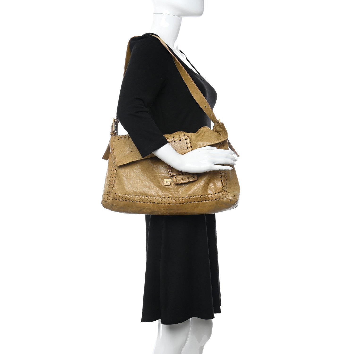Fendi Goatskin Whipstitch Large Convertible Baguette Senape 2 of 12