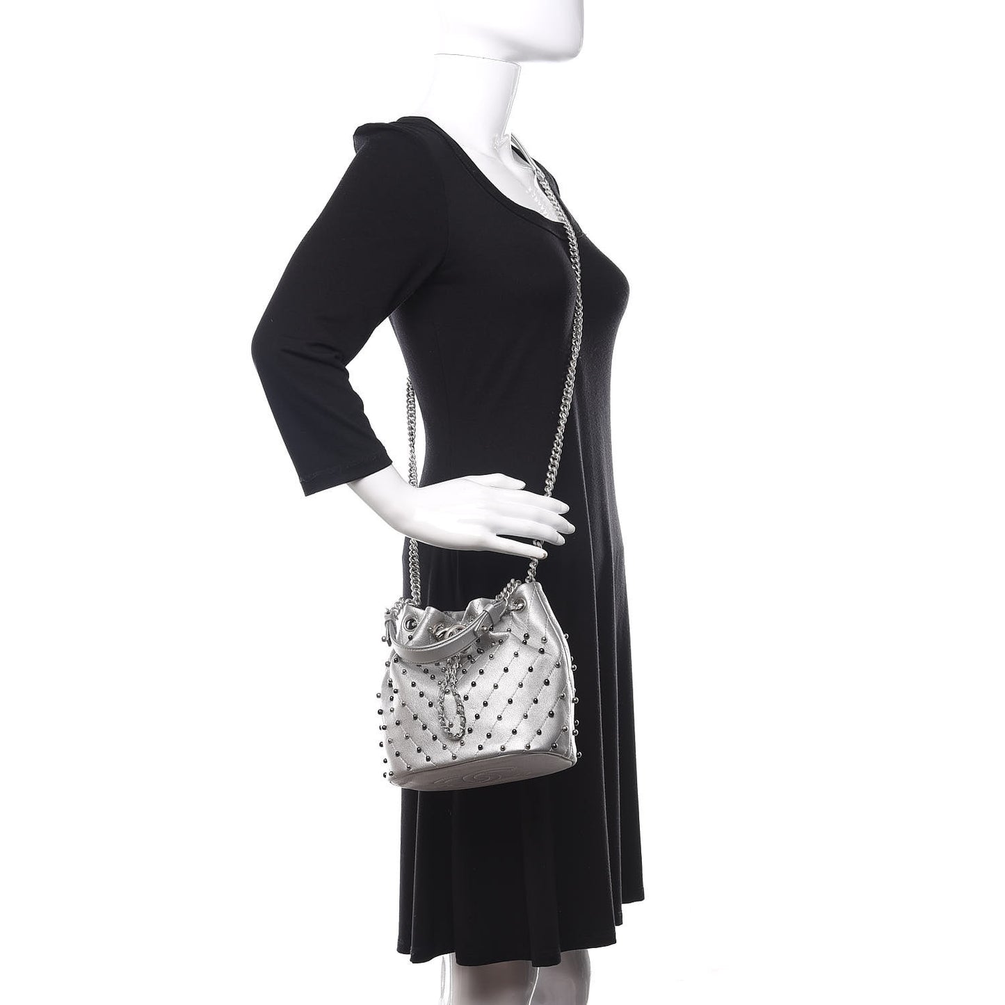 Metallic Lambskin Studded Chevron Quilted Small Stud Wars Drawstring Bag Silver
