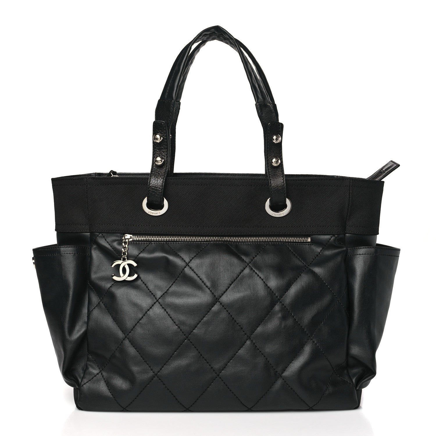 Chanel Coated Canvas Quilted Large Paris Biarritz Tote Black 3 of 10