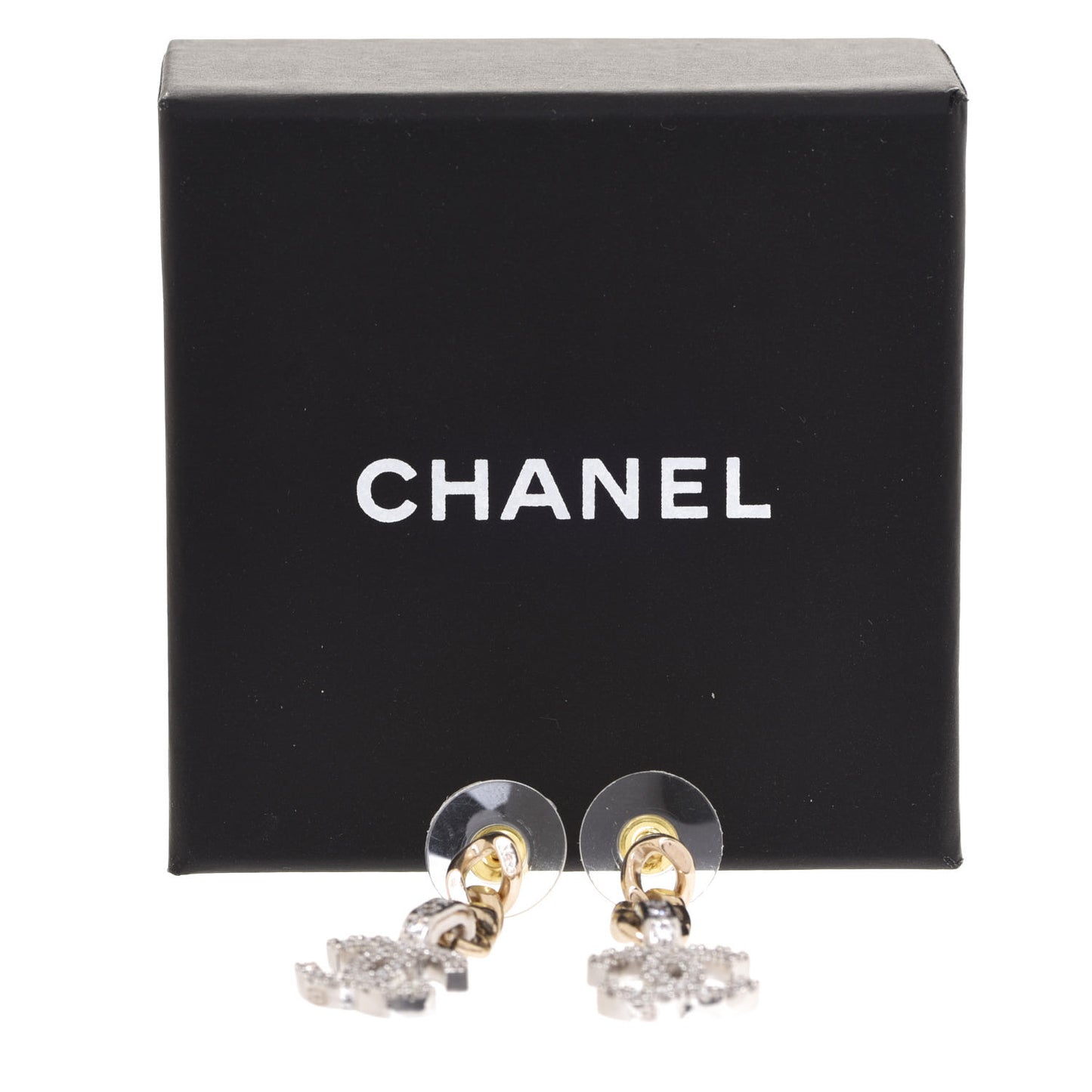Metal Crystal CC Chain Drop Earrings Gold