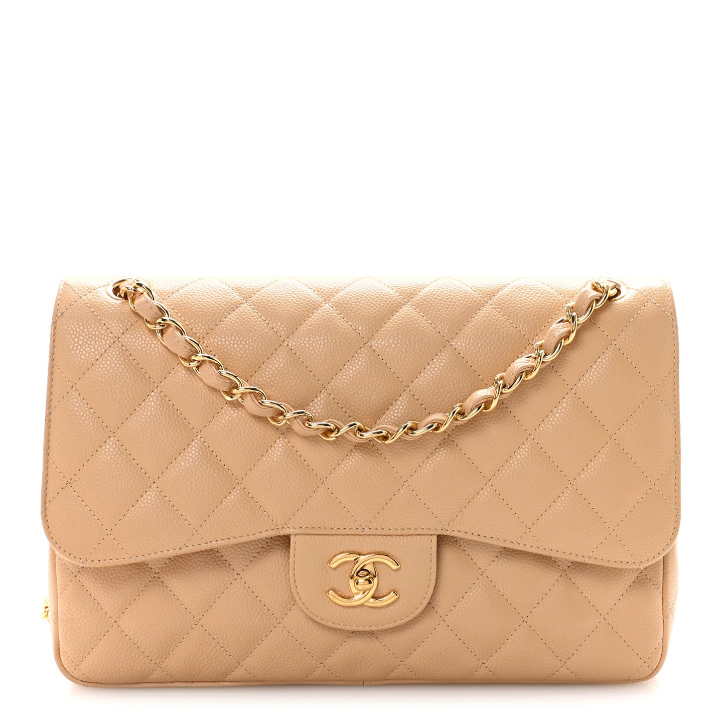Caviar Quilted Jumbo Double Flap Light Beige