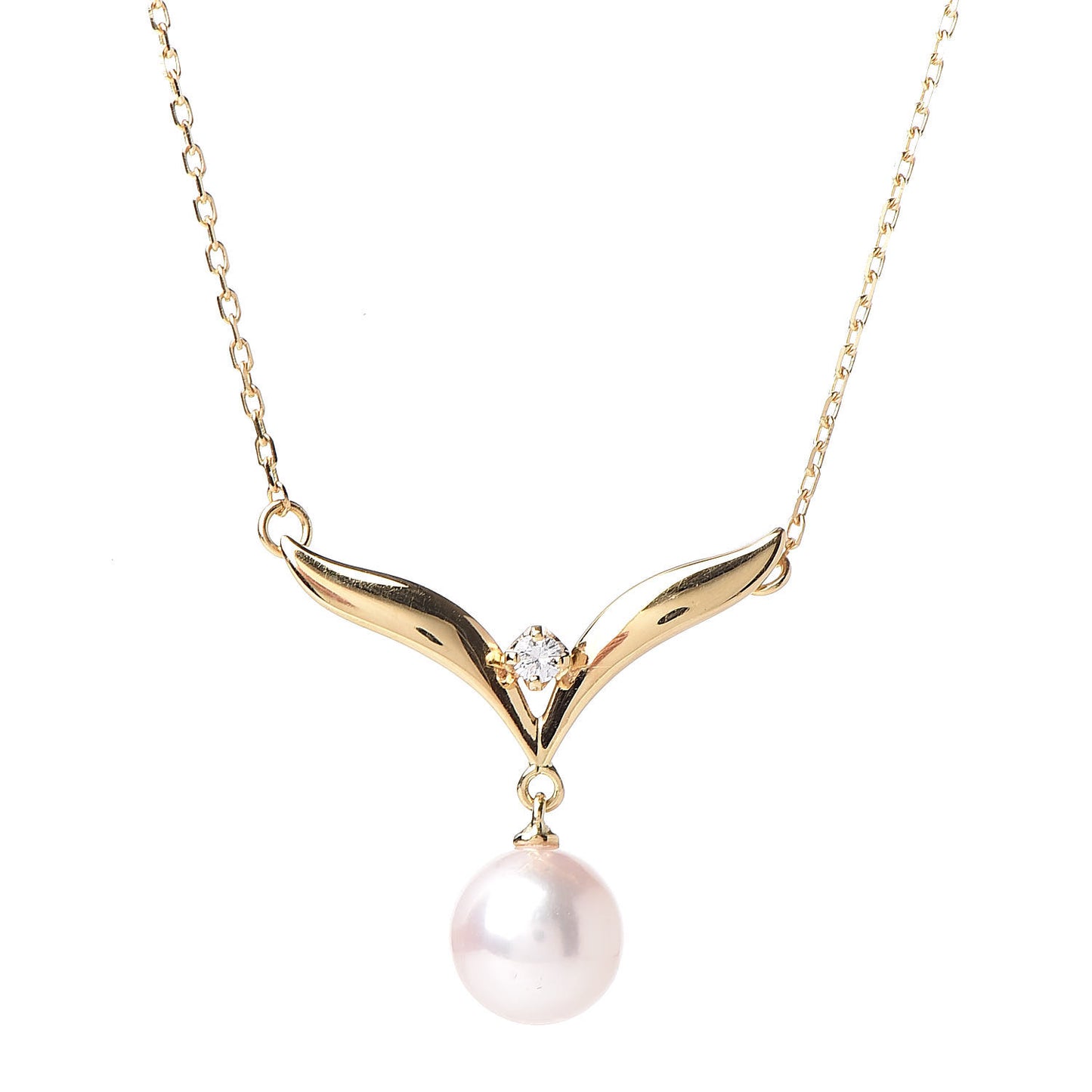 18K Yellow Gold Diamond Akoya Pearl 7mm Pendant Necklace