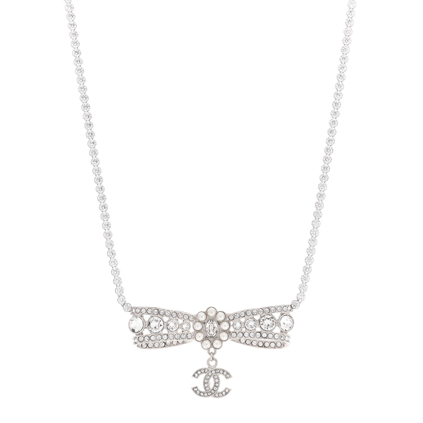 Crystal Pearl CC Bow Drop Necklace Silver