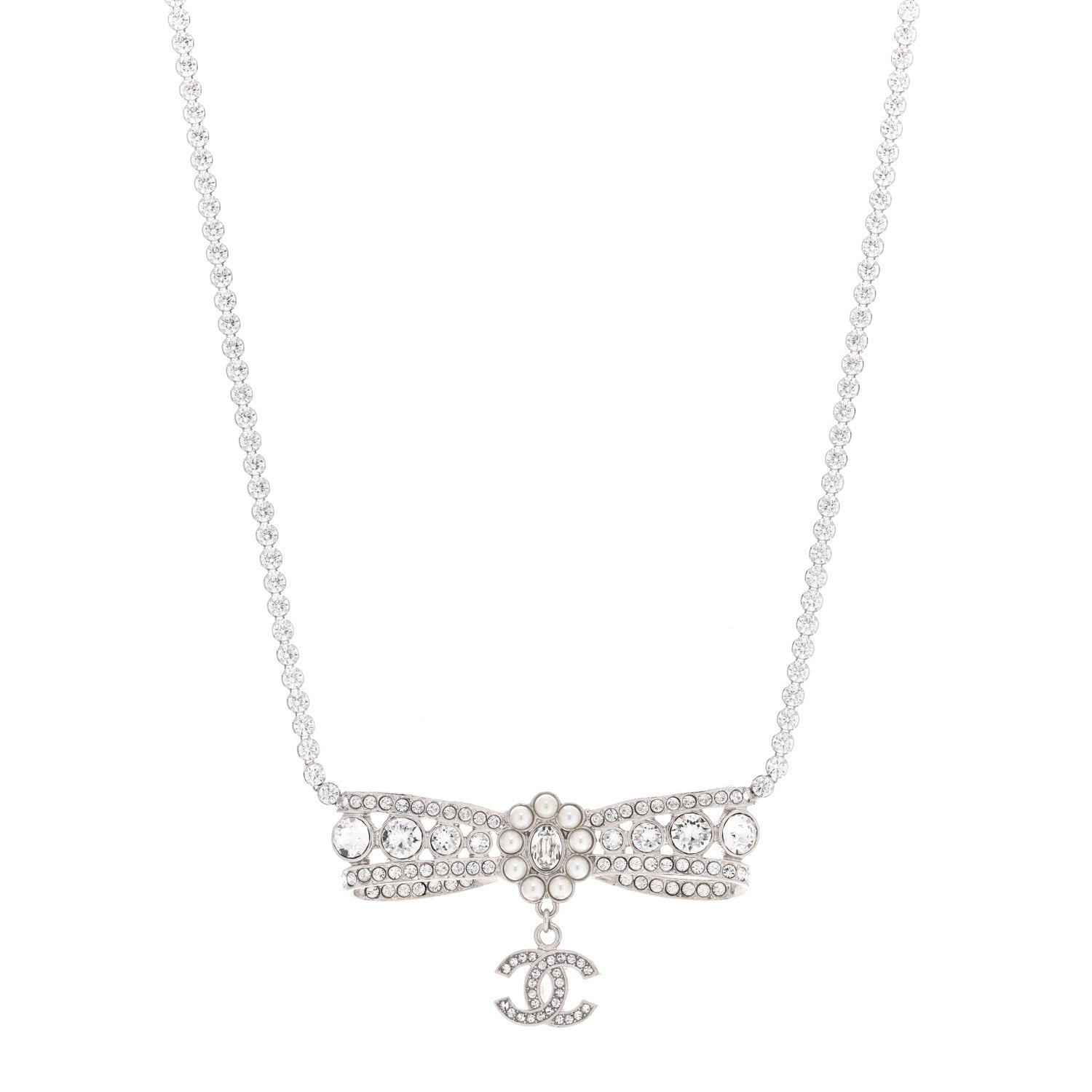 Chanel Crystal Pearl CC Bow Drop Necklace Silver 1 of 6