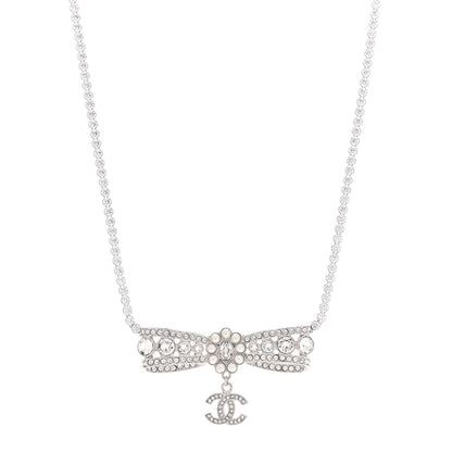 Chanel Crystal Pearl CC Bow Drop Necklace Silver 1 of 6