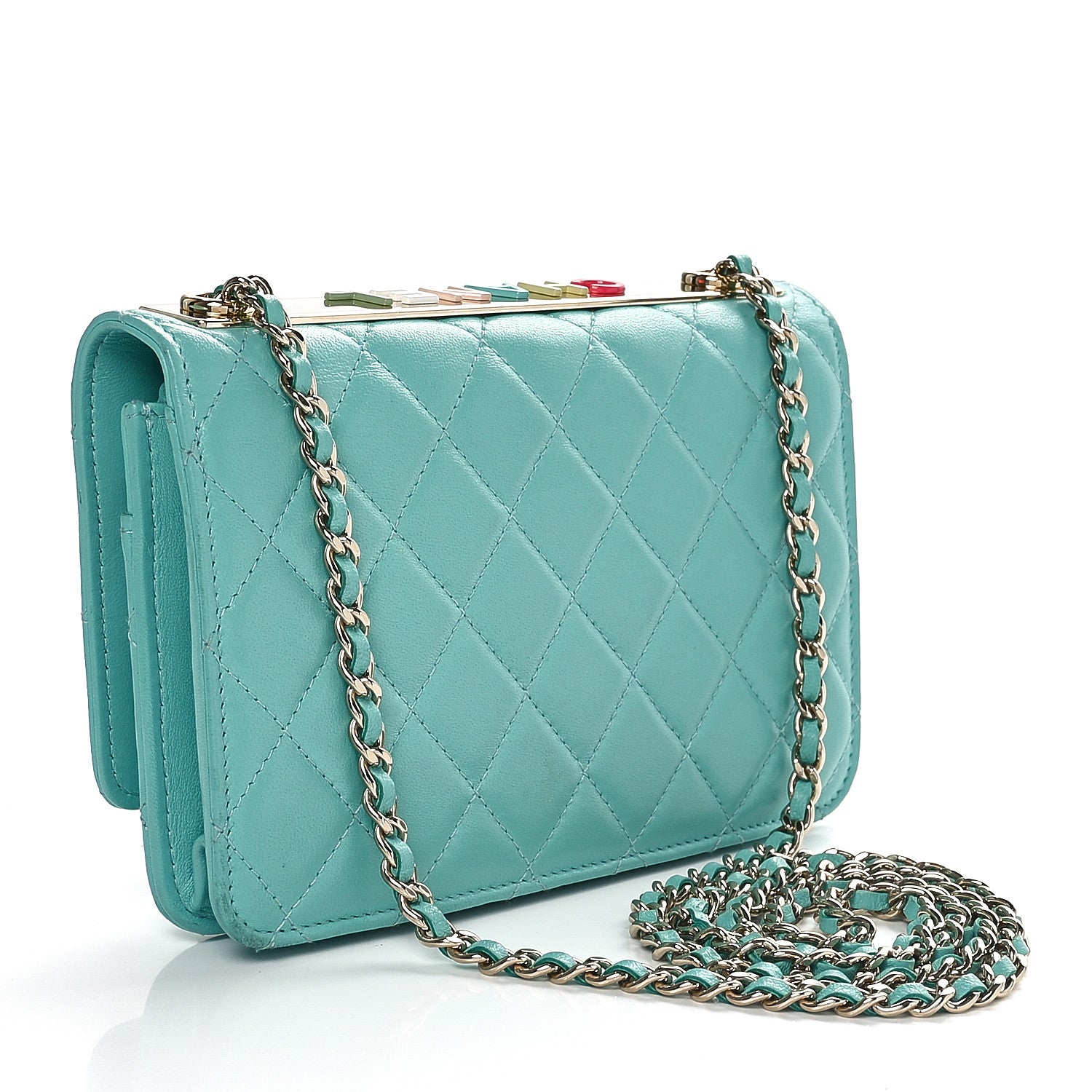 Chanel Lambskin Quilted Trendy CC Wallet On Chain WOC Turquoise 2 of 10