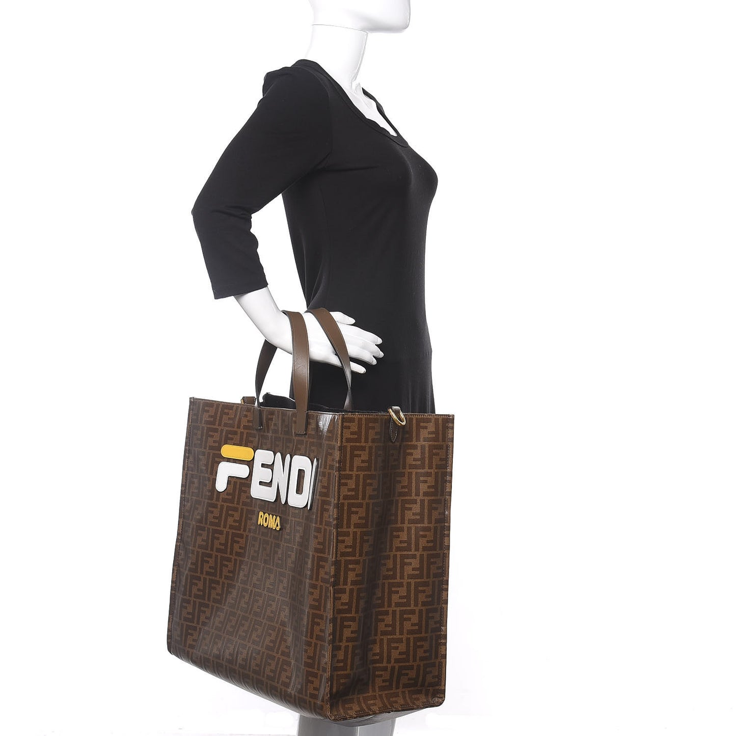 X FILA Glazed Fabric FF 1974 Mania Shopping Tote Bag Mogano Panna White