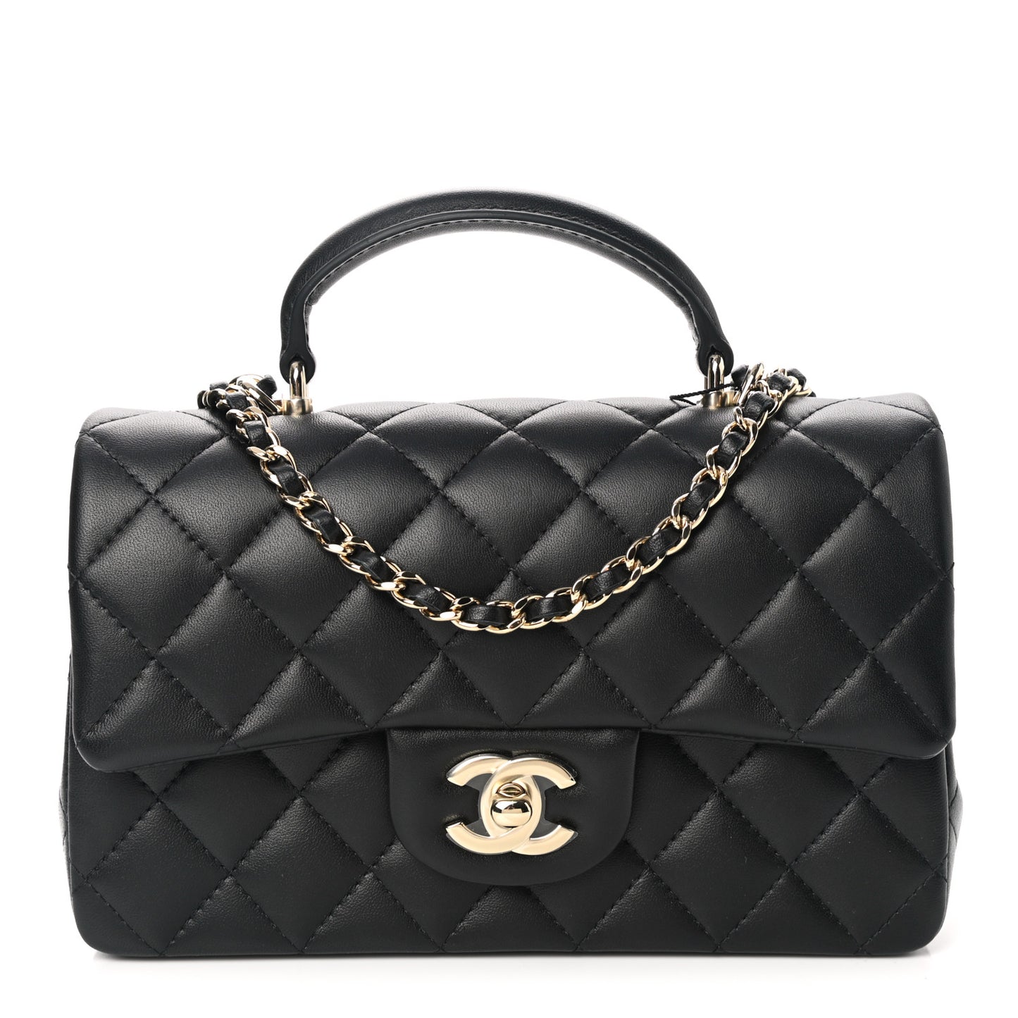 Lambskin Quilted Mini Top Handle Rectangular Flap Black