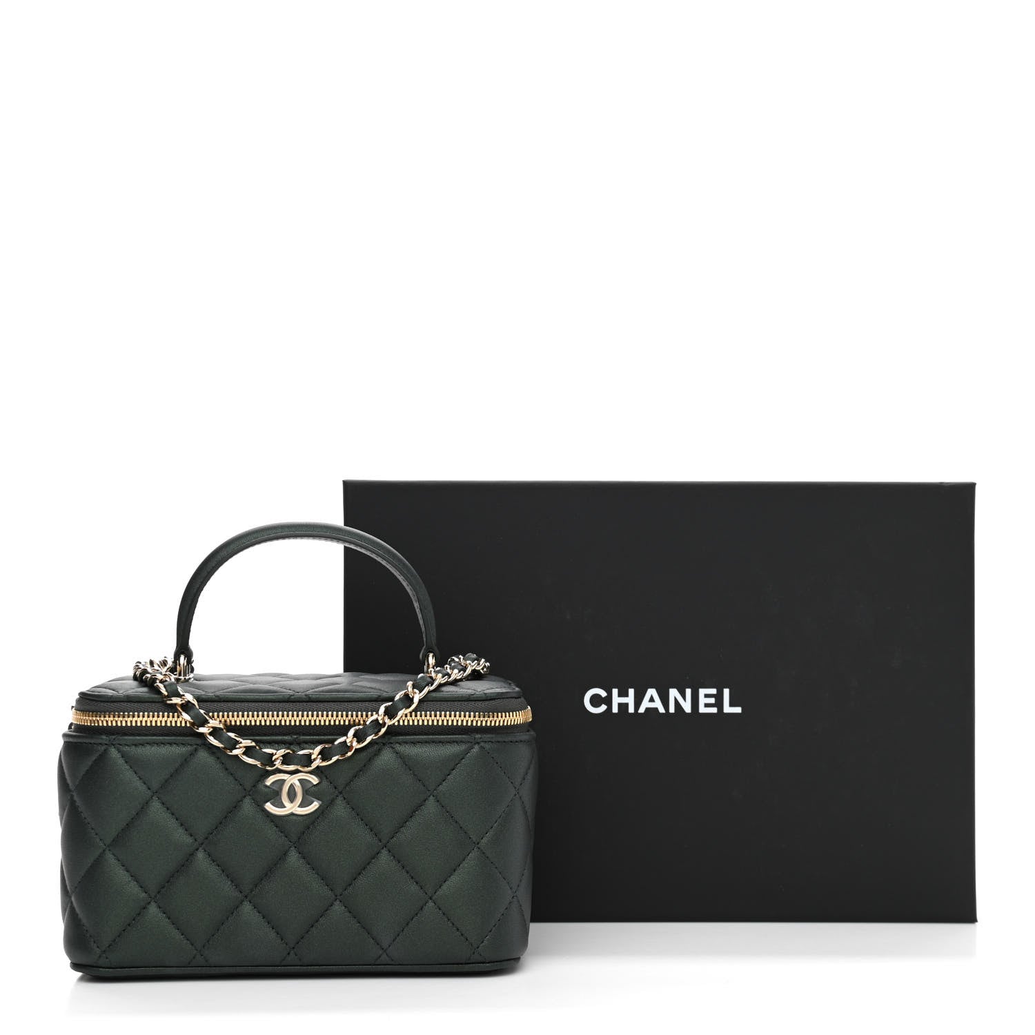 Chanel Iridescent Lambskin Quilted Small Top Handle Vanity Case With Chain Dark Green 12 of 12