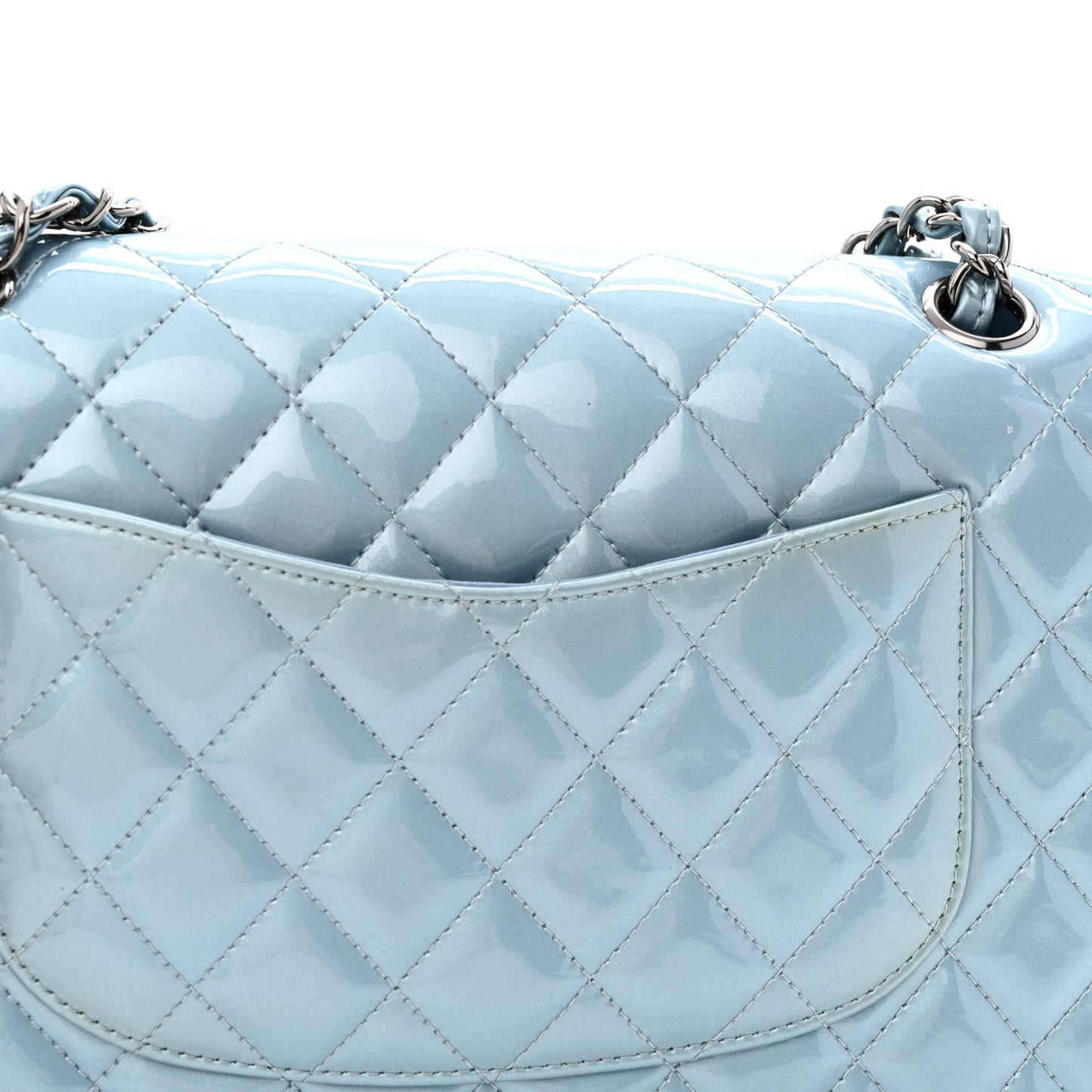 Patent Calfskin Quilted Medium Double Flap Turquoise