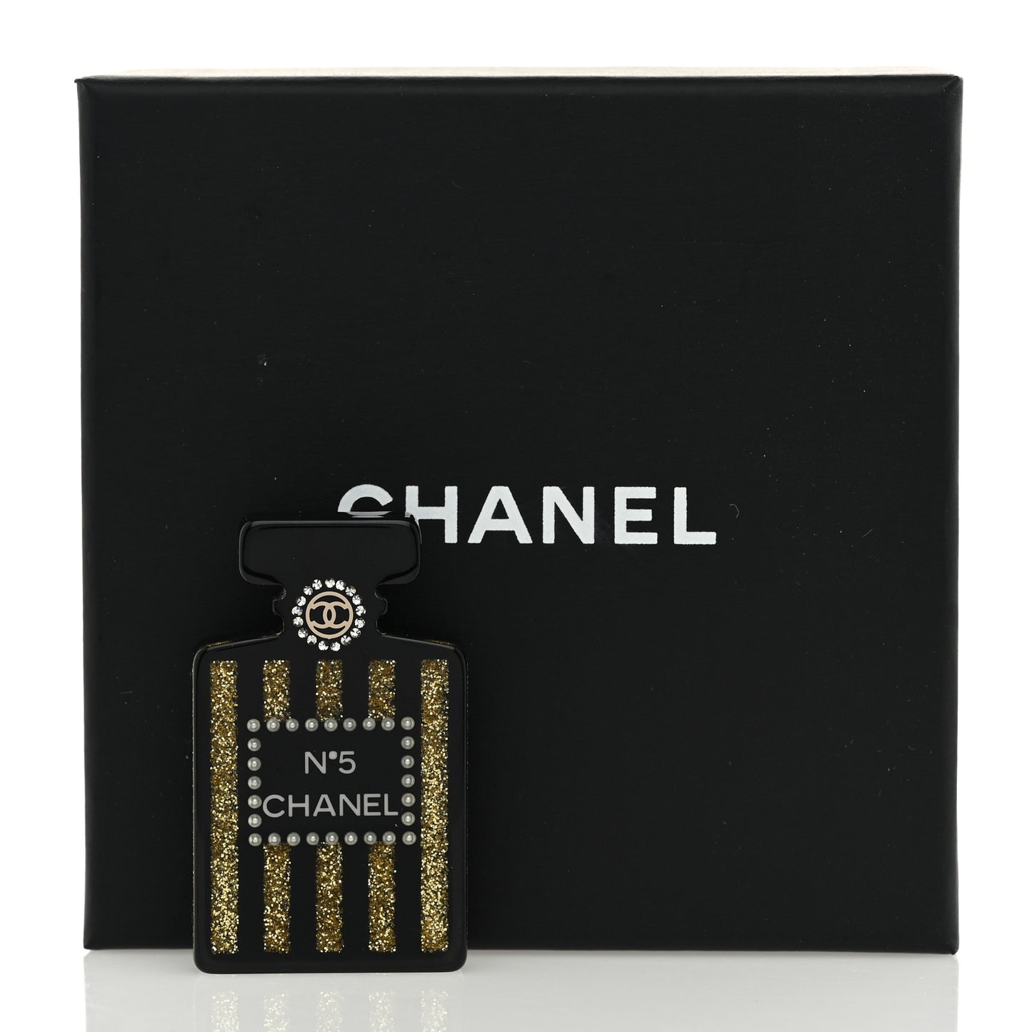 Resin Strass Perfume Bottle CC Brooch Black Gold