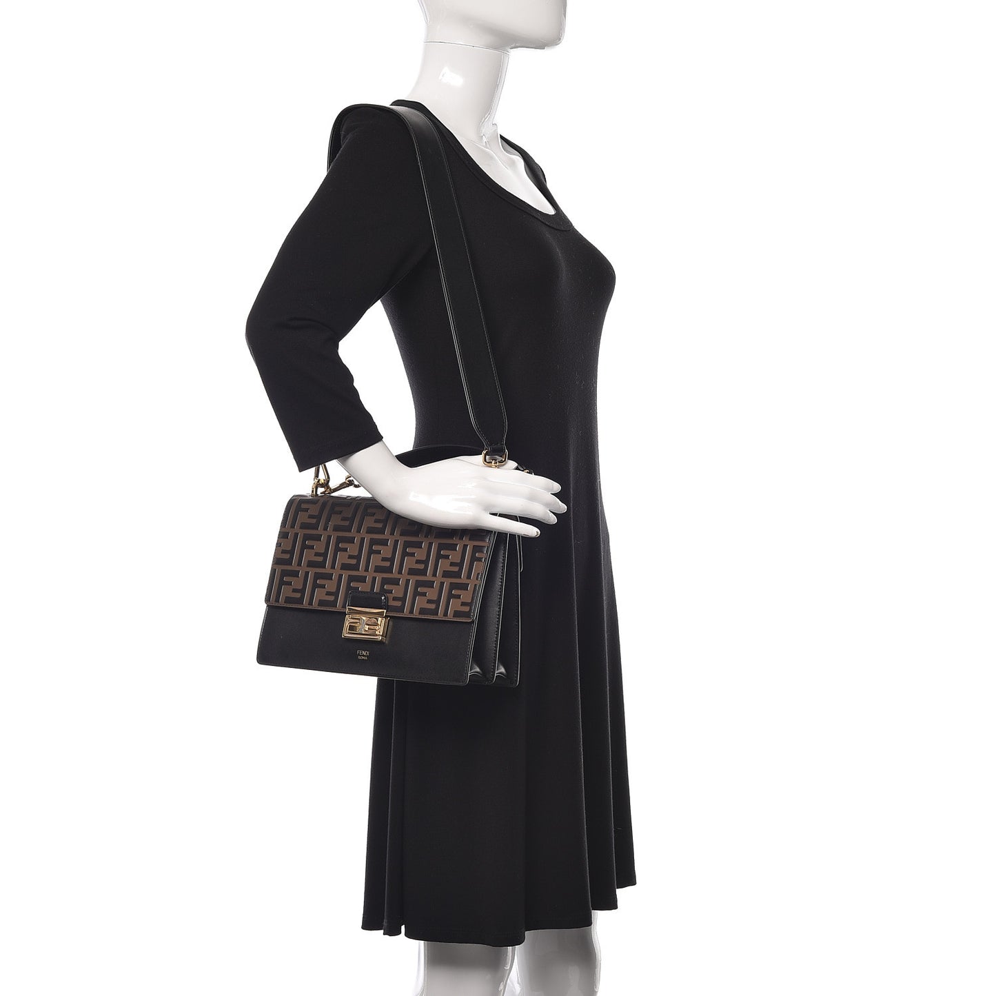 Vitello Liberty Bi-Color FF 1974 Embossed Chain Strap Kan U Shoulder Bag Black Maya