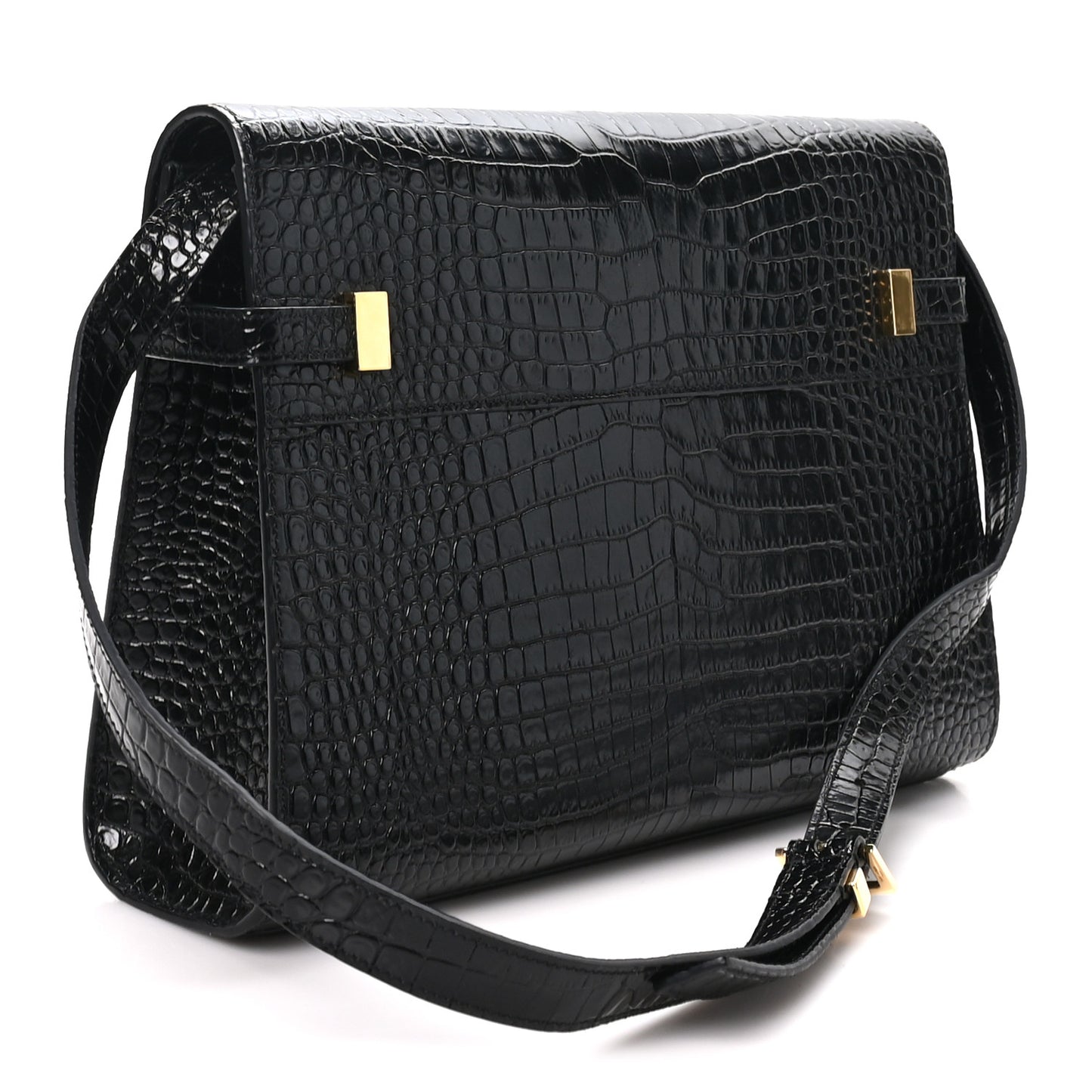 Shiny Calfskin Crocodile Embossed Manhattan Baguette Black